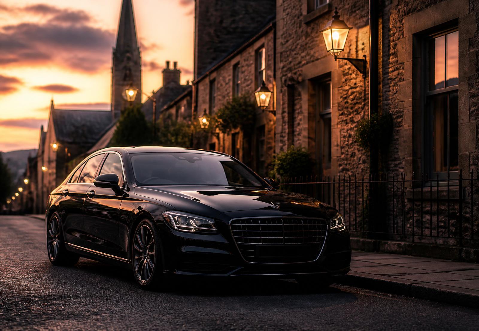 A black executive car waiting on a quiet Renfrewshire street at dusk