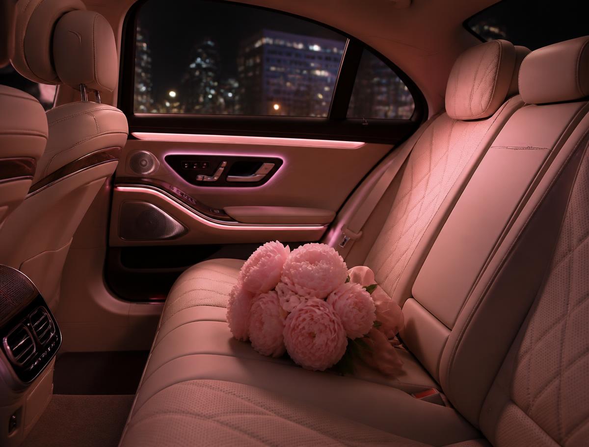 The clean, softly lit rear seats of the Her Journey car